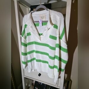 Fantastic Fawn Green and White V-Neck Sweater